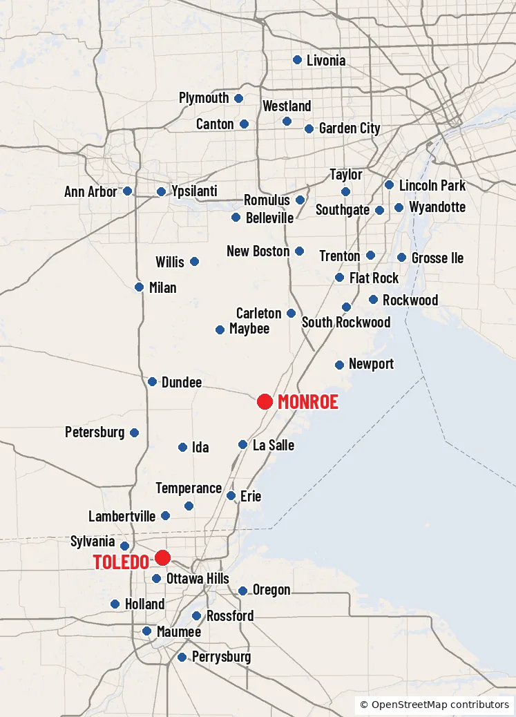 Map of Southeast Michigan and Greater Toledo. A blue dot marks each town we serve, from Livonia and Ann Arbor in the north to Perrysburg in the south, and a larger red marker shows our Monroe and Toledo offices.